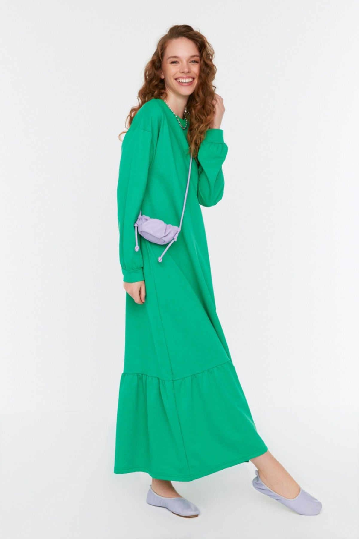 Green Ruffle Detailed Crew Neck Knitted Dress Tctss22el00000