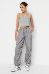 Grey Belt Woven Parachute High Waist Woven Pants Twoss23pl00317