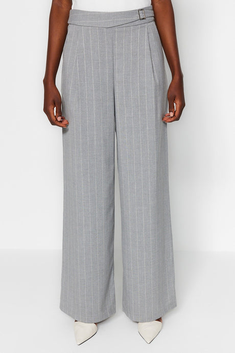 Grey Wide Leg/wide Leg Sim Detailed Woven Striped Pants Twoss23pl00223