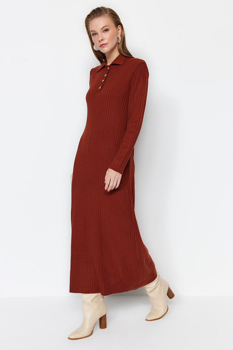 Camel Polo Collar Casual Pattern Ribbon Knitwear Dress Tctaw24eb00025