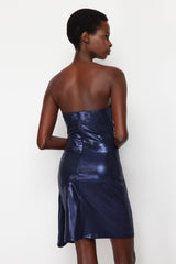 Navy Blue Metallic Body Fit Elegant Evening Dress Tprss24el00121