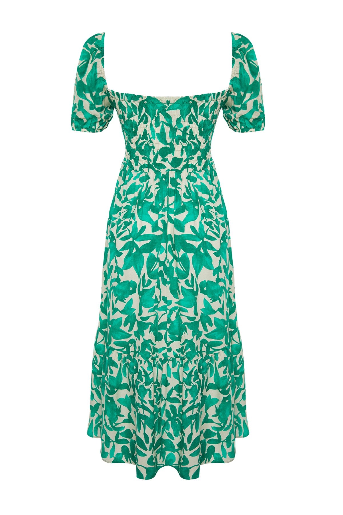 Green Floral Skater Gipe Neckline Detailed Shally Midi Woven Dress Twoss24el00952