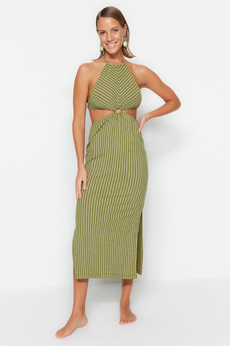 Green Striped Maxi Knitted Accessory Knitwear Look Beach Dress Tbess23el00066