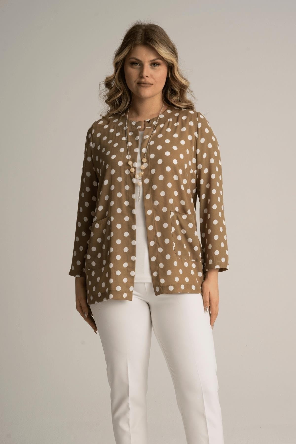 Plus Size Polka Dot Print Jacket And Blouse Duo Set 230650012