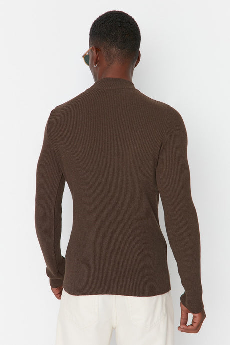 Brown Men's Fitted Slim Fit Half Turtleneck Ribbed Knitwear Sweater Tmnaw21kz0568