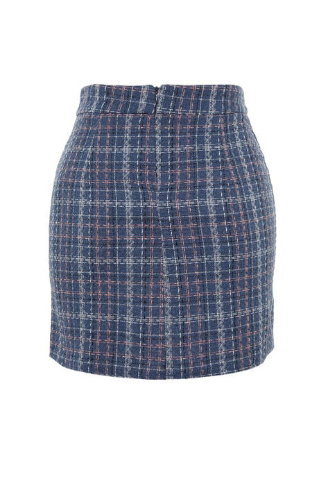 Indigo Plaid Pattern Tweed Fabric Mini Woven Skirt Twoaw23et00017