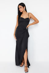 Black Satin Woven Shiny Stone Accessory Long Night Evening Dress Tprss24ae00006