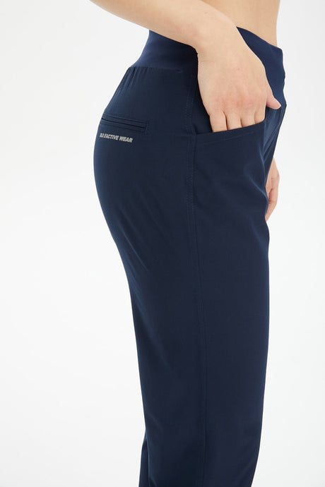 Women's Navy Blue High Waist Thin Woven Fabric Pockets Casual And Sports Outdoor Pants Tracksuit Pan