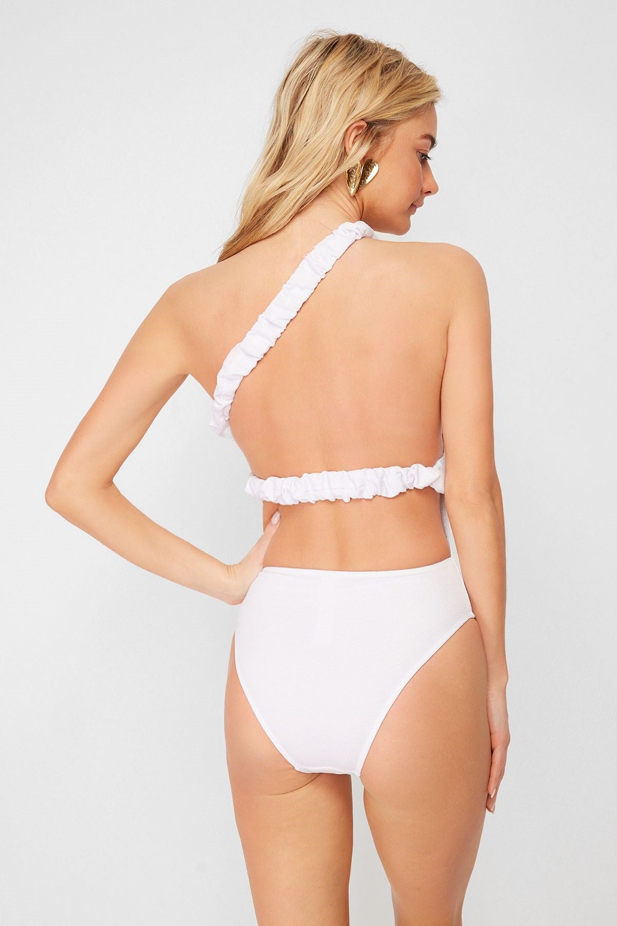 White One Shoulder Ruffle Textured High Leg Regular Swimsuit Tbess24ma00046