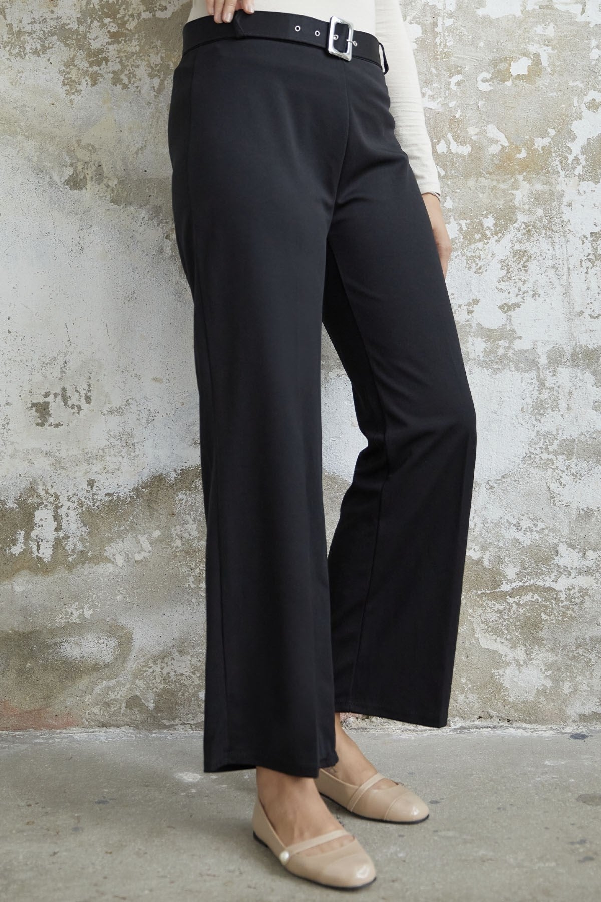 Belted Bidet Detail Scuba Crepe Pants - Black Ms00mb91029