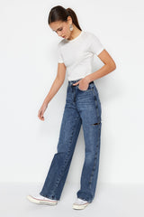 Dark Blue Ripped High Waist Wide Leg Jeans Twoss23je00142