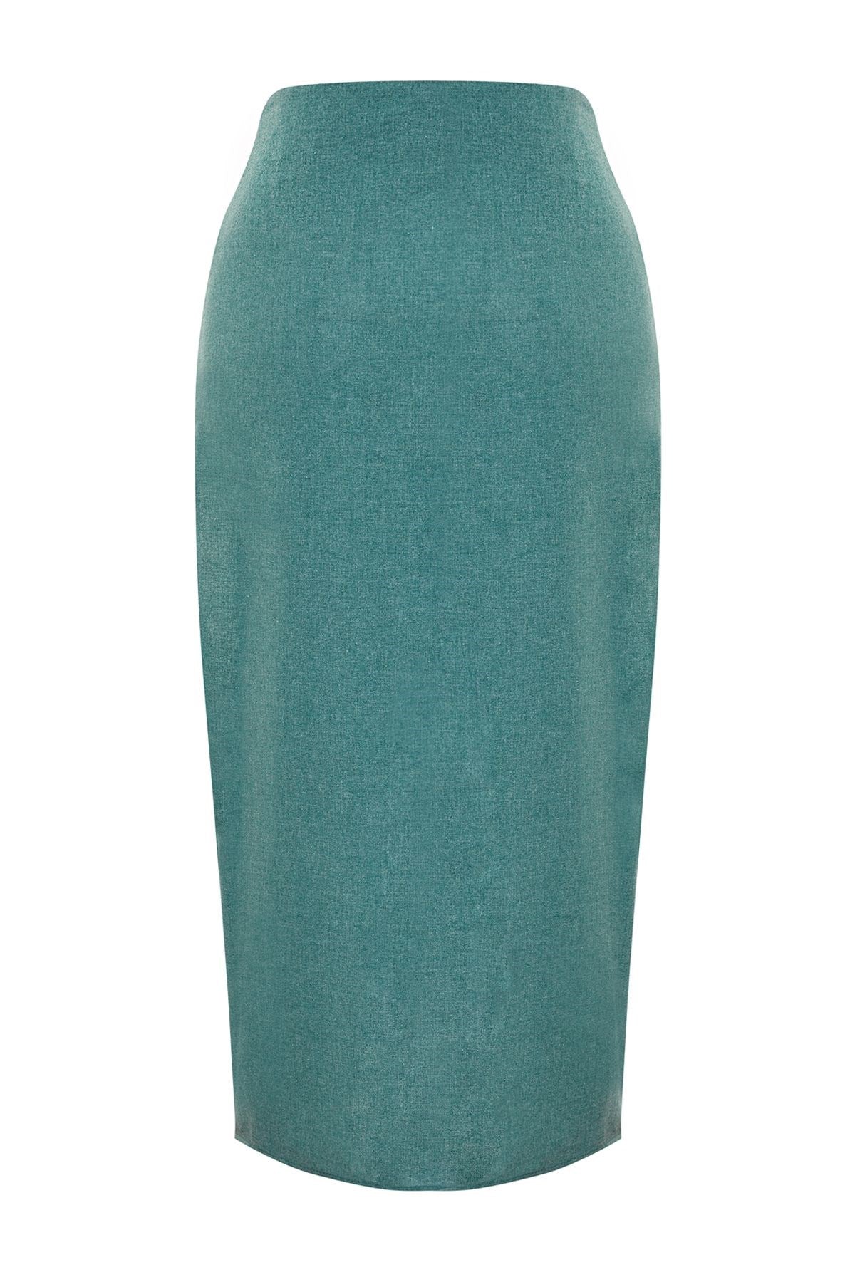 Green Linen Look Buckle Detailed Double-breasted Closure Midi Woven Skirt Twoss24et00130