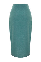 Green Linen Look Buckle Detailed Double-breasted Closure Midi Woven Skirt Twoss24et00130