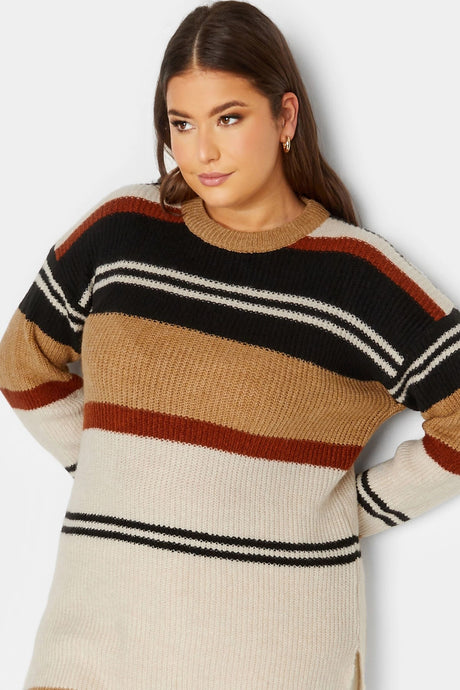 Plus Size Striped Round Neck Slit Detailed Knitwear Sweater 301831