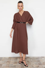 Brown Belted A-line Double Neck Aerobin Midi Woven Dress Twoss24el00992