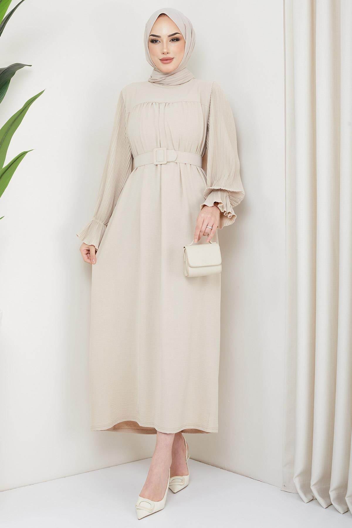 Aerobin Dress Beige With Pleated Sleeves 2129