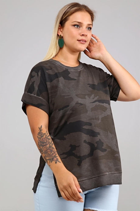 Camouflage Printed Sides Slit Oil Wash Tshirt-anthracite Sea-ts2151