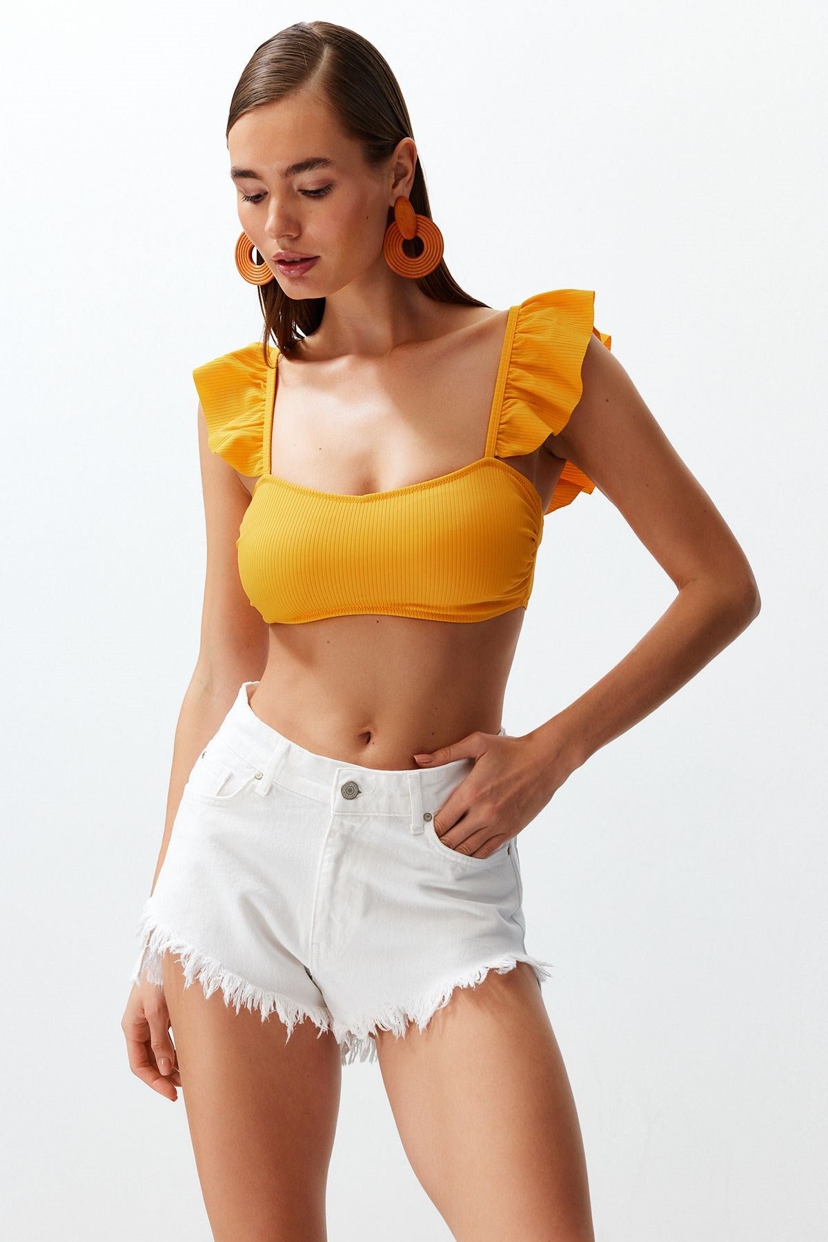 White Denim Tassel Denim Shorts & Bermuda Tbess24sr00005