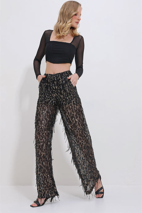 Women's Beige Double Pockets Waist Elastic Sequin Embroidered Tulle Palazzo Pants Alc-x11401