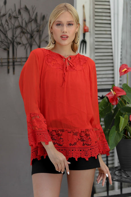 Italian Green Boat Neck Long Sleeve Tie Sleeve And Skirt End Lace Woven Blouse M10010200bl93037