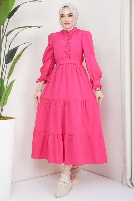 Front Ruffle Sleeve Tie Dress Fuchsia 2078