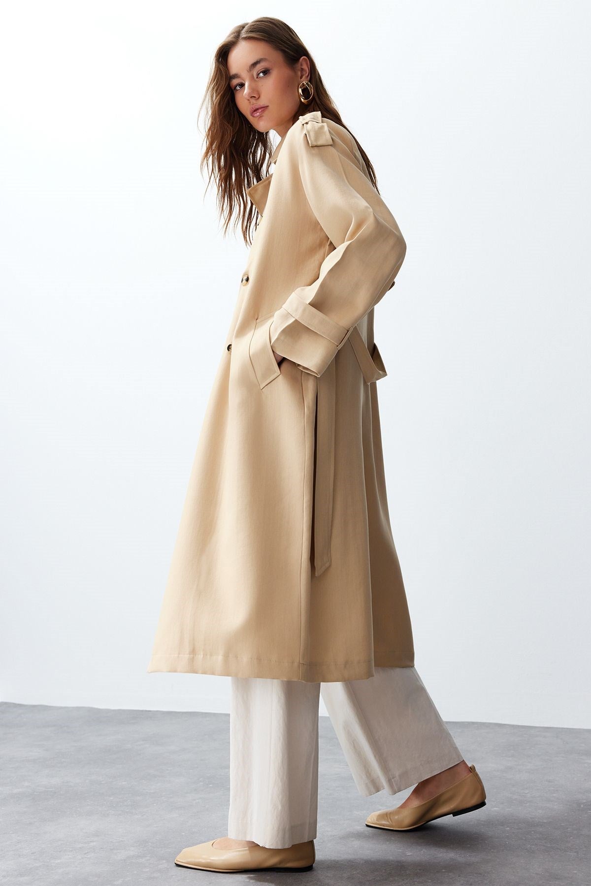 Beige Oversize Wide Cut Soft Textured Belted Long Trench Coat Twoss24tr00026