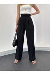 Black Waist Pleated Design Pants Ey-1121