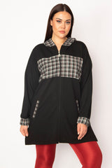 Women's Plus Size Black Plaid Pattern Detailed Hooded Coat 65n29568 65n29568