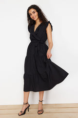 Black Belted A Cut Double Neck Midi Woven Dress Twoss24el00914