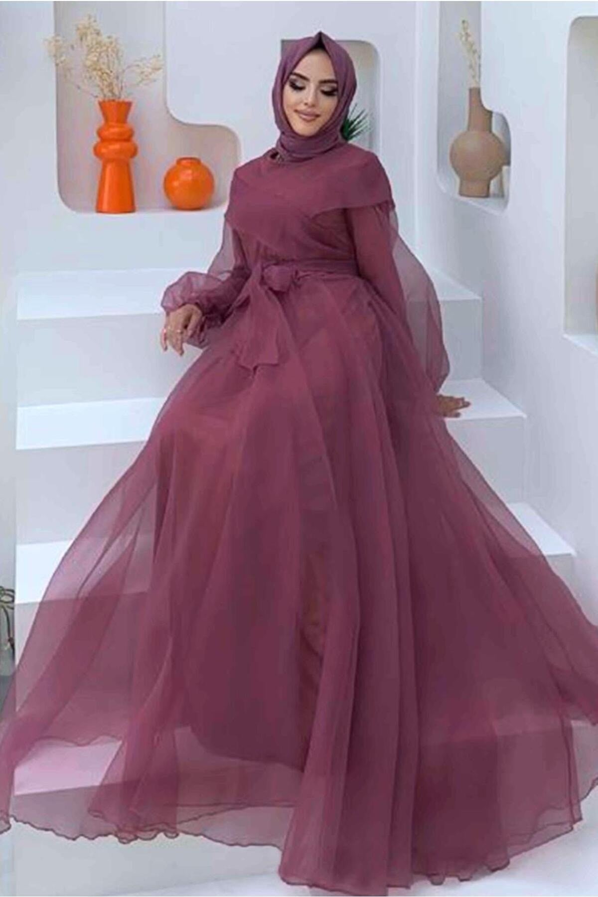 Women Purple Belted Tulle Evening Dress Dress T 4693 22yabltr4693