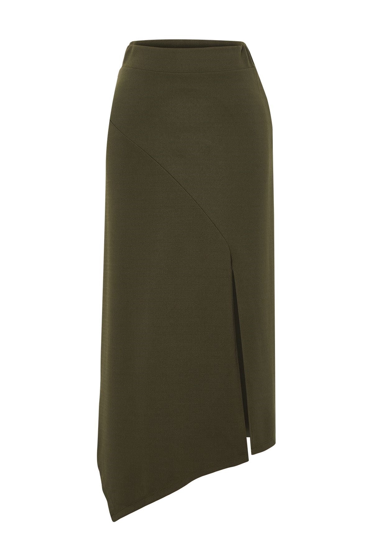 Khaki Asymmetric Cut And Slit Detail Maxi Skirt Twoss24et00043