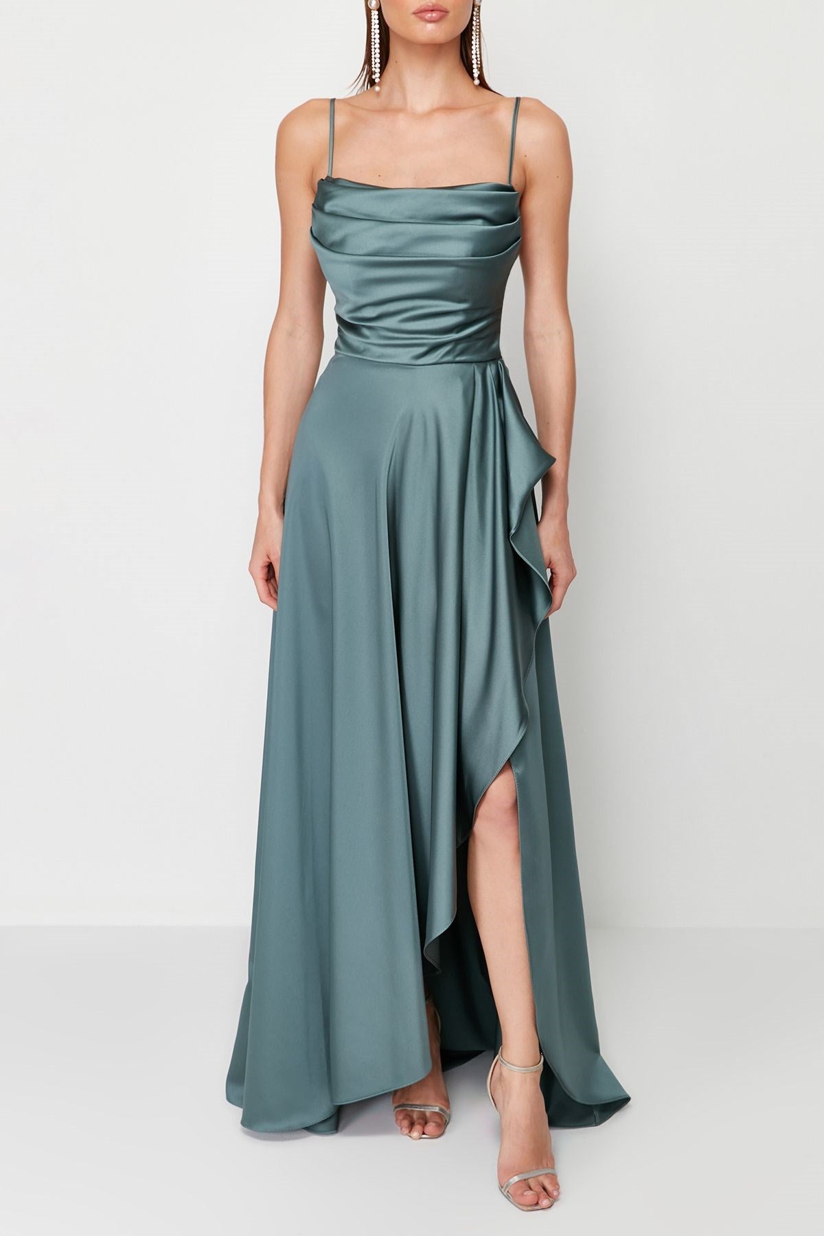 Blue Draped Satin Long Night Evening Dress Tprss24ae00112