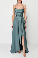 Blue Draped Satin Long Night Evening Dress Tprss24ae00112