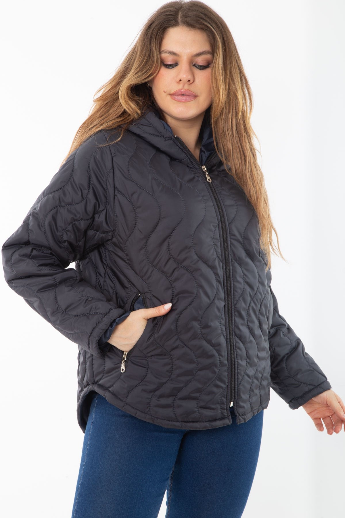 Women's Plus Size Navy Blue Front And Pocket Zipper Hooded Lined Quilted Coat 65n37281