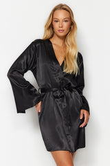 Black Satin Back Cut-out/window Detailed Woven Dressing Gown Thmaw24sb00006