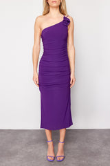 Purple Accessory Rose Detailed Ruffle Bodycone/body Fit Flexible Knitted Midi Pencil Dress Twoss24el