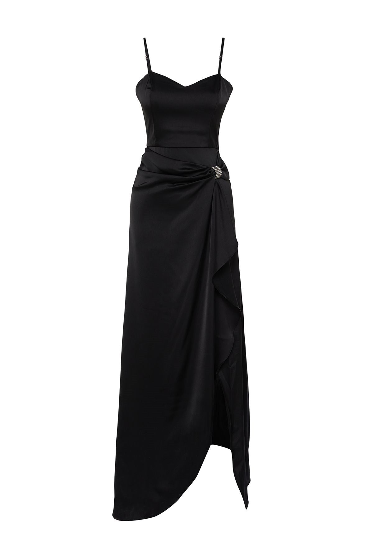 Black Satin Woven Shiny Stone Accessory Long Night Evening Dress Tprss24ae00006