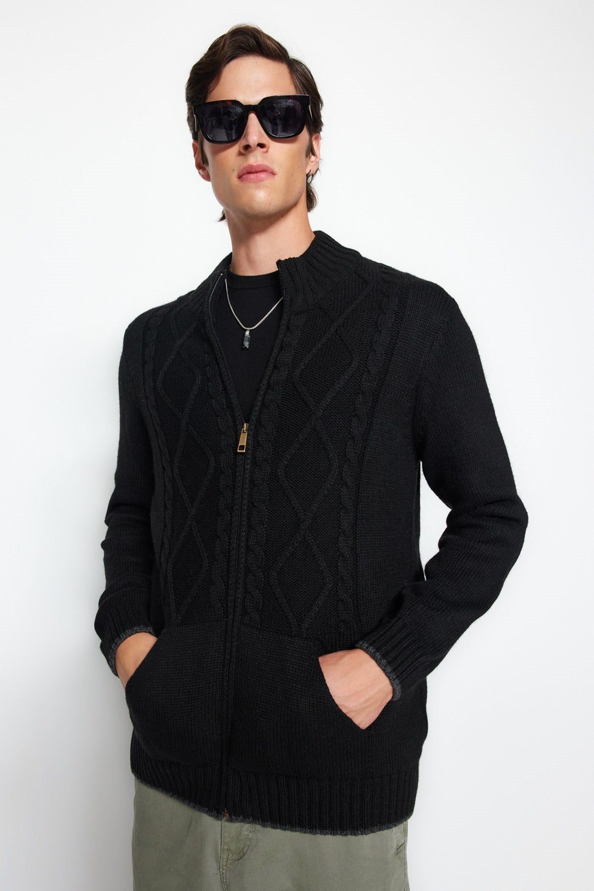 Anthracite Men's Slim Fit Knit Detailed Zipper Pocket Knitwear Cardigan Tmnaw21hi0349