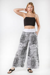 Italian Black And White Zebra Pattern Elastic Waist Linen. Woven Pants M10060000pn98340