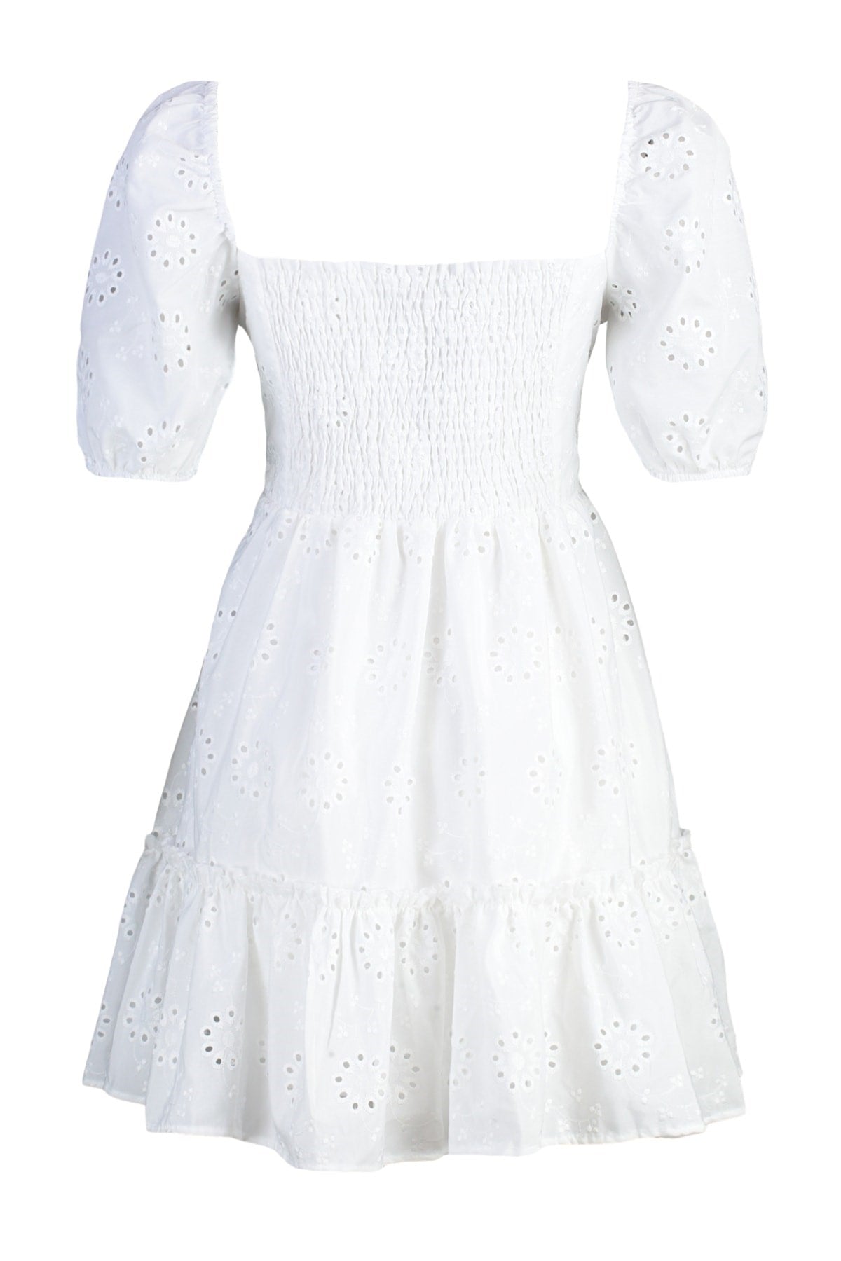 Ecru Embroidered Skater/waist Balloon Sleeve Mini Lined Woven Dress Twoss22el00792