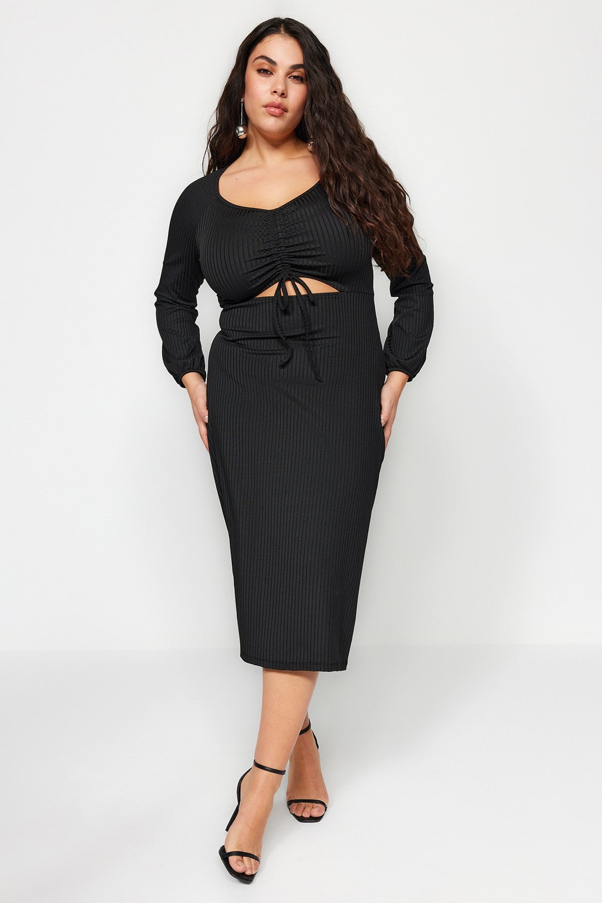 Black Window/cut Out Detailed Ruffle Knit Dress Tbbaw23ah00080