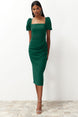 Emerald Green Waist Detailed Body Sitting Woven Dress Tprss24el00158