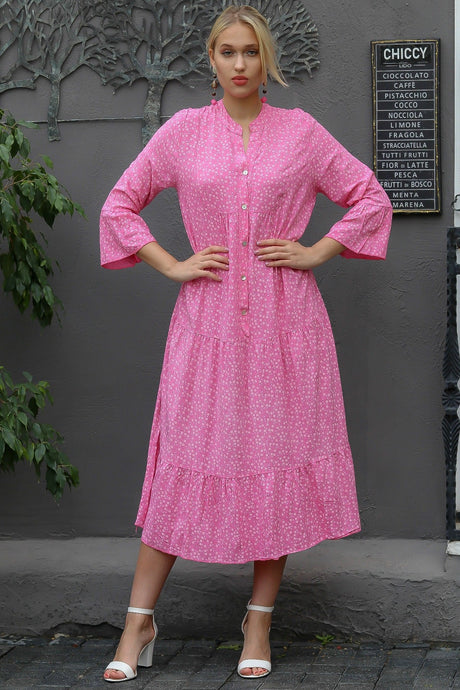 Women's Pink Italian Half Patched Buttoned Ruffle Sleeve Crispy Pattern Oversize Long Dress M1016000