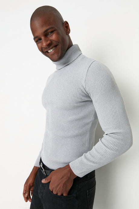 Grey Men's Slim Fit Turtleneck Ribbed Knit Basic Sweater Tmnaw20mg0031