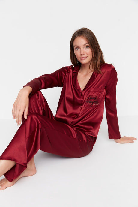 Burgundy Christmas Themed Embroidered Satin Shirt-pants Woven Pajama Set Thmaw22pt1145