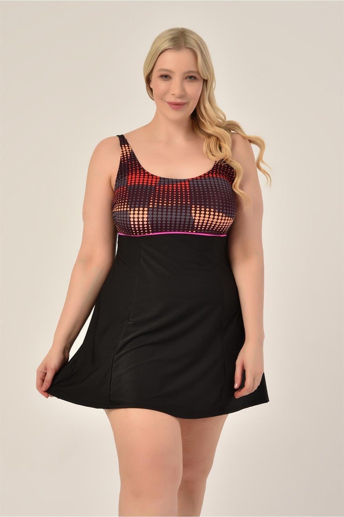 Women's Plus Size Black Mixed Pattern Jumper Interlock Adjustable Strap Stylish Dress Swimsuit 20231