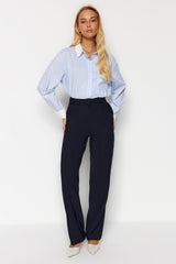 Black Straight Cut Wide Leg Pleated Woven Pants Twoss21pl0155