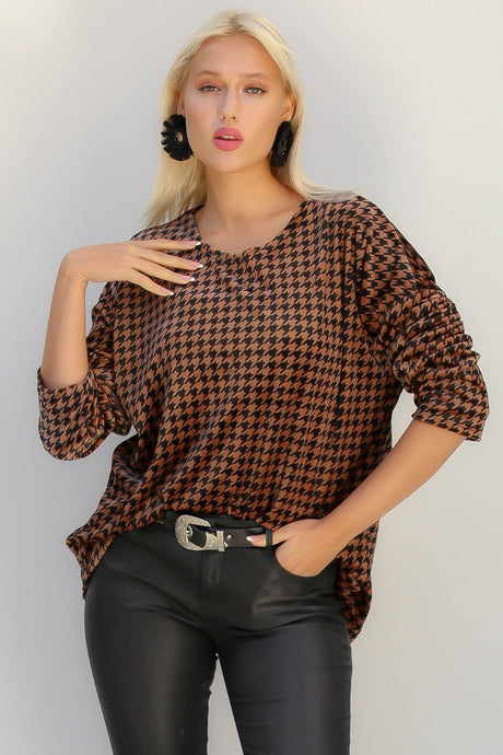 Brown Italian Crew Neck Long Sleeve Goose Leg Oversize Casual Knitted Blouse M10010200bl93535