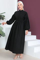 A-line Buttoned Balloon Sleeve Dress Black 2125