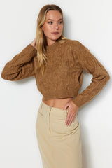 Beige Crop Crew Neck Knitwear Sweater Twoaw24kz00695